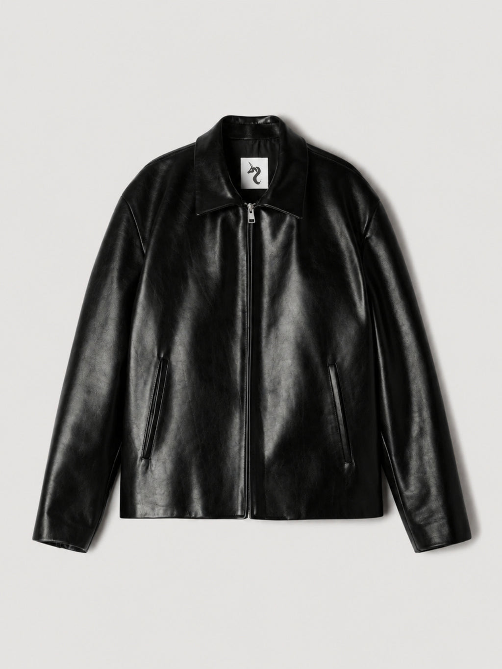 BLACK LEATHER UNISEX COLLARED JACKET