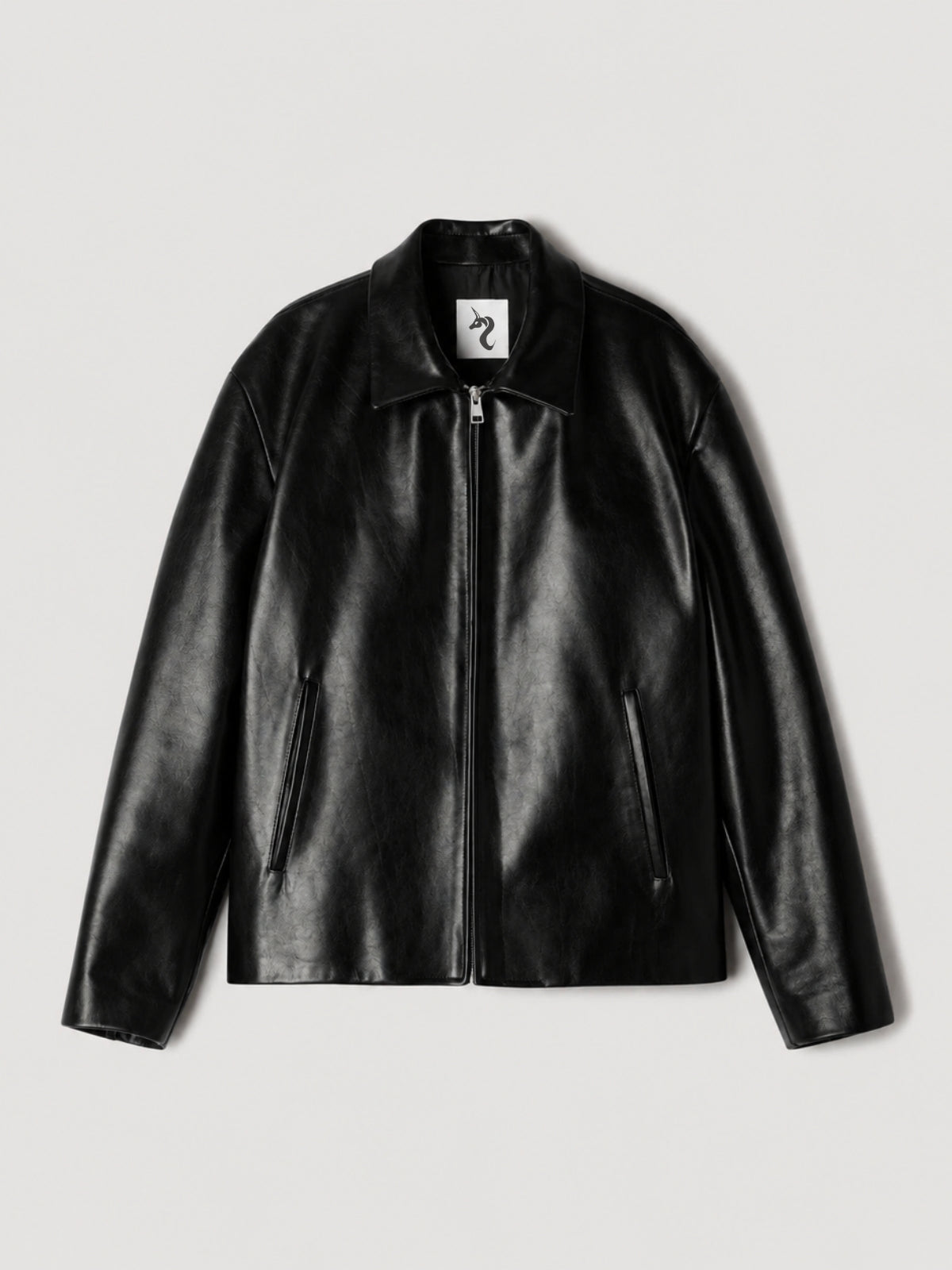 BLACK LEATHER UNISEX COLLARED JACKET