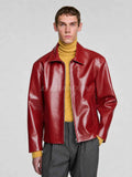 CHERRY RED LEATHER UNISEX COLLARED JACKET