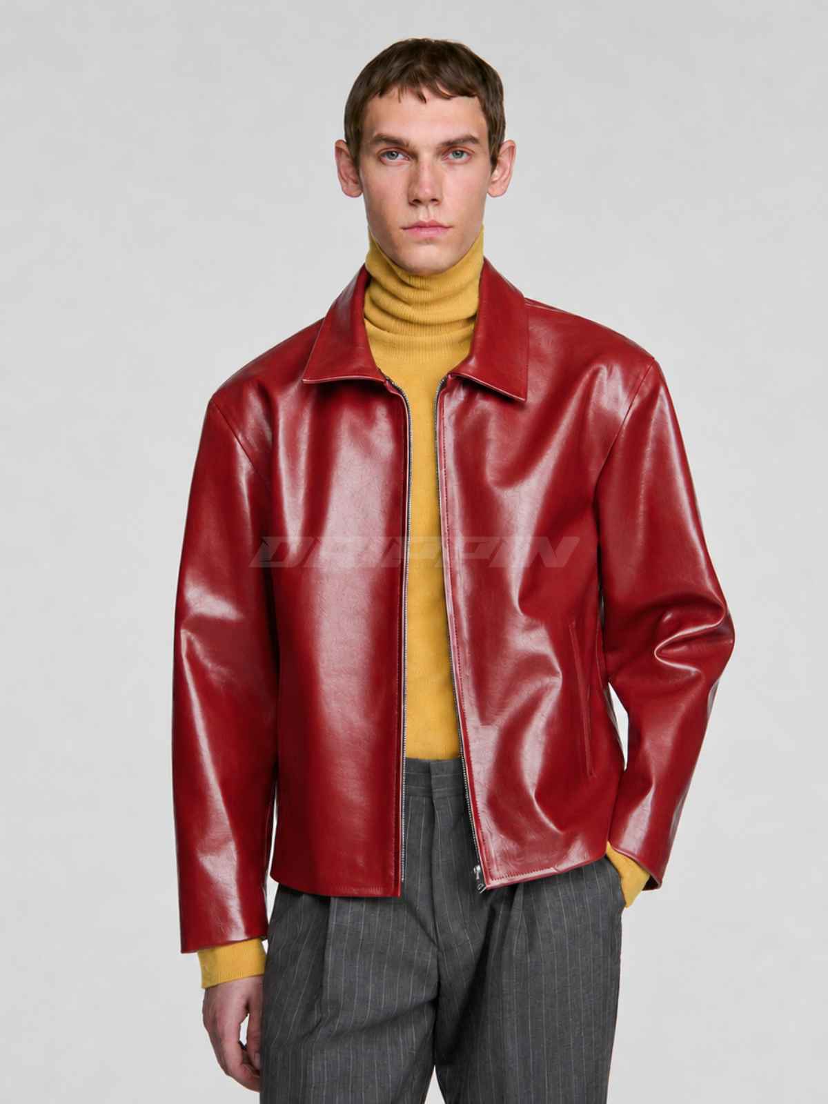 CHERRY RED LEATHER UNISEX COLLARED JACKET