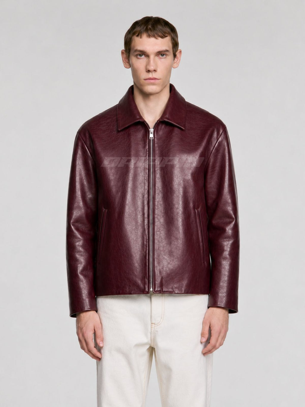WINE RED LEATHER UNISEX COLLERED JACKET