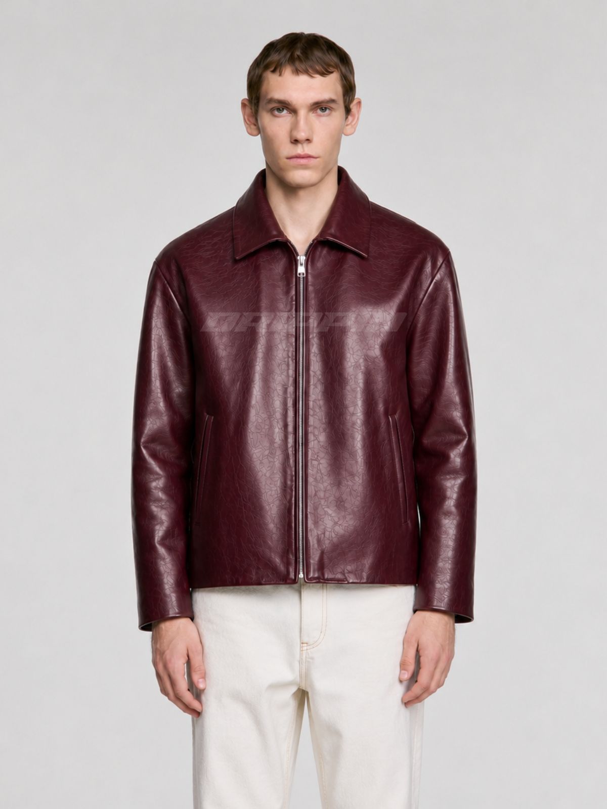 WINE RED LEATHER UNISEX COLLERED JACKET