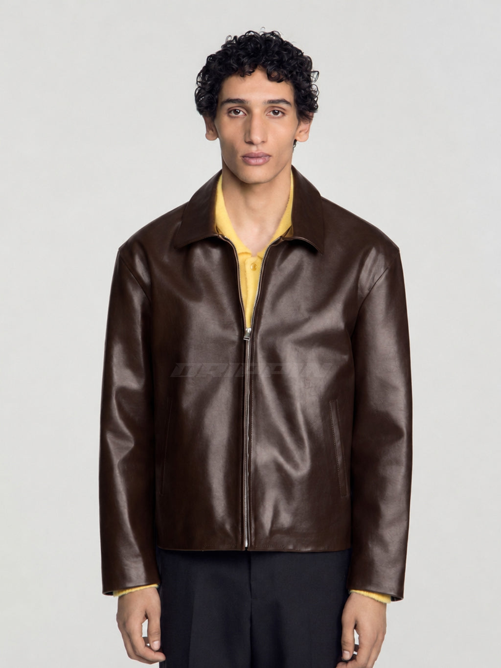 BROWN LEATHER UNISEX COLLARED JACKET