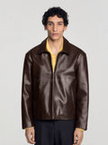 BROWN LEATHER UNISEX COLLARED JACKET