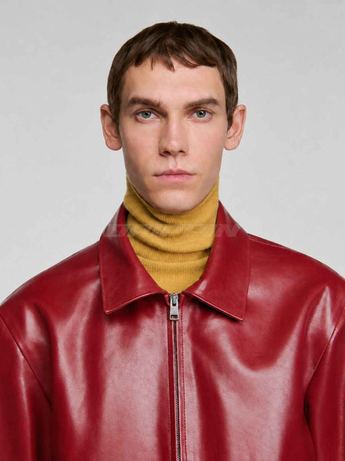 CHERRY RED LEATHER UNISEX COLLARED JACKET