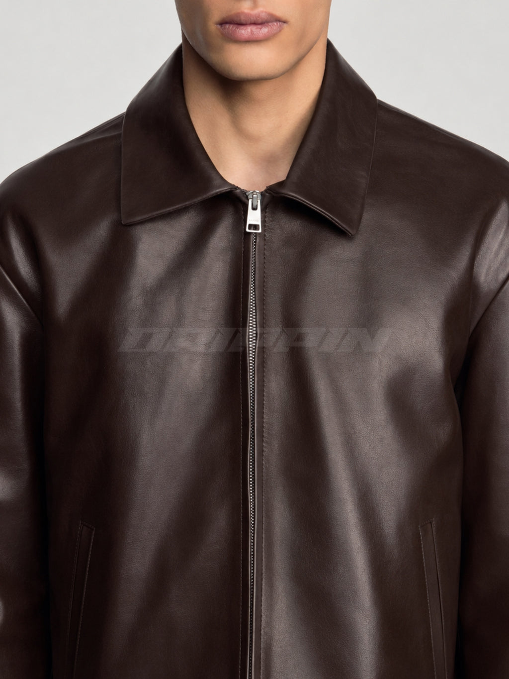 BROWN LEATHER UNISEX COLLARED JACKET
