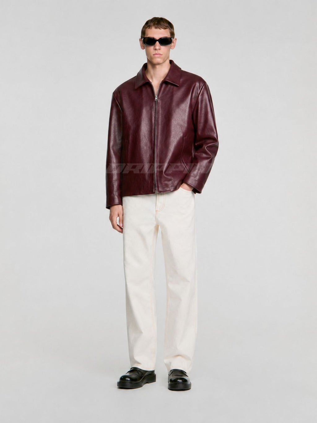 WINE RED LEATHER UNISEX COLLERED JACKET