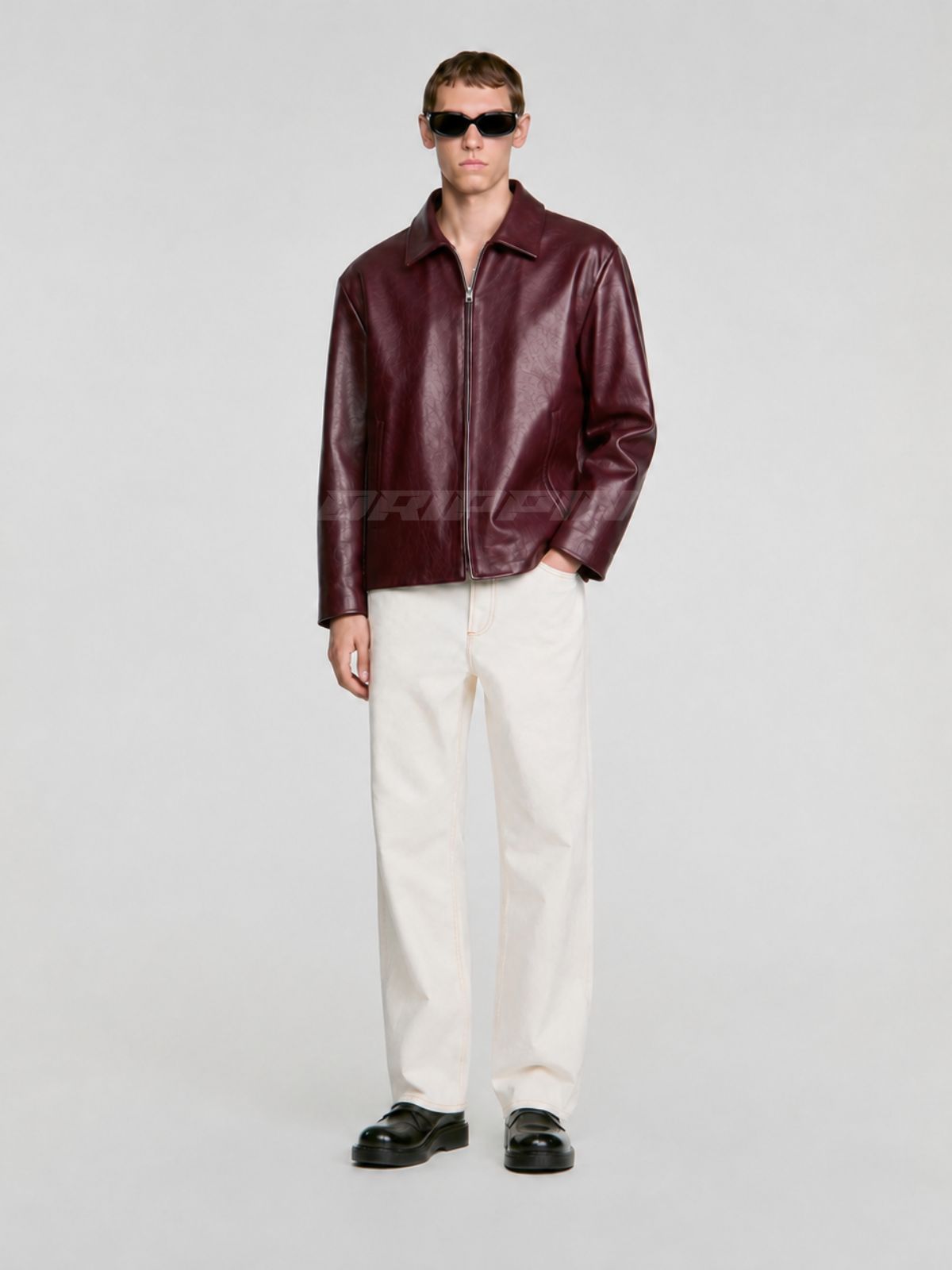 WINE RED LEATHER UNISEX COLLERED JACKET