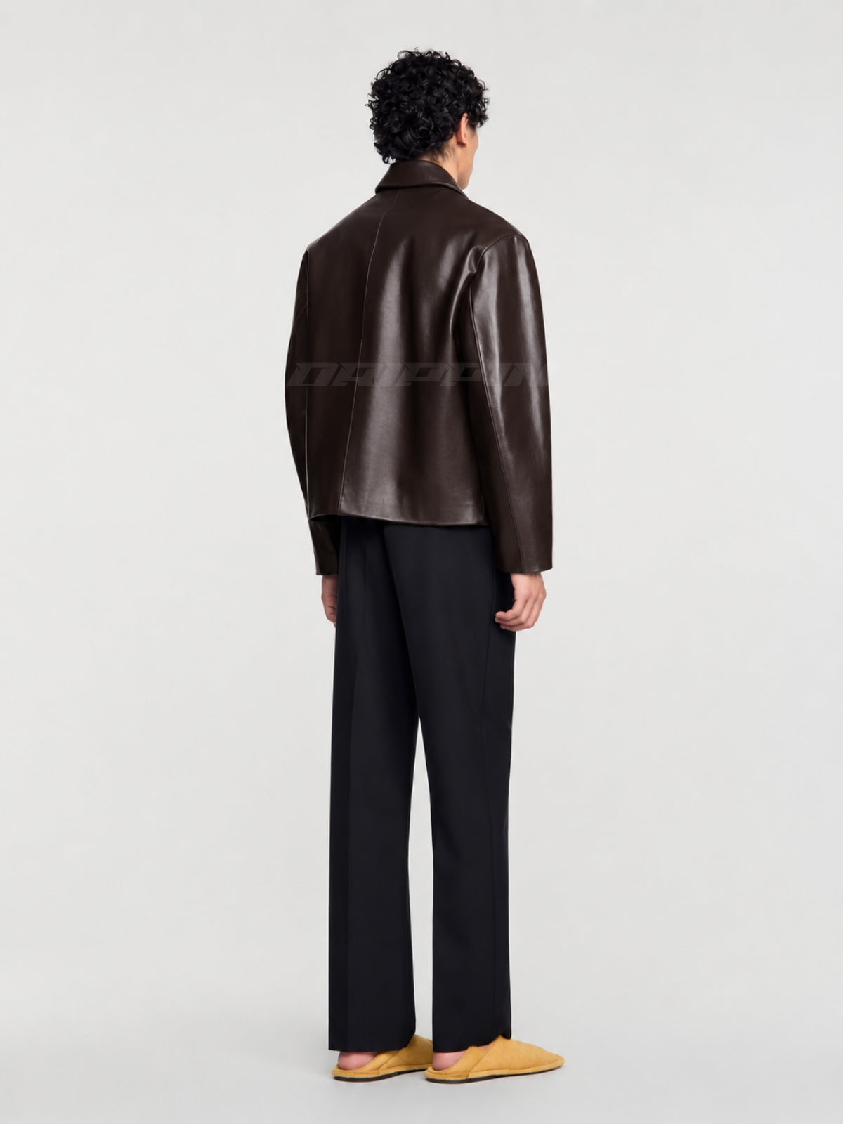 BROWN LEATHER UNISEX COLLARED JACKET