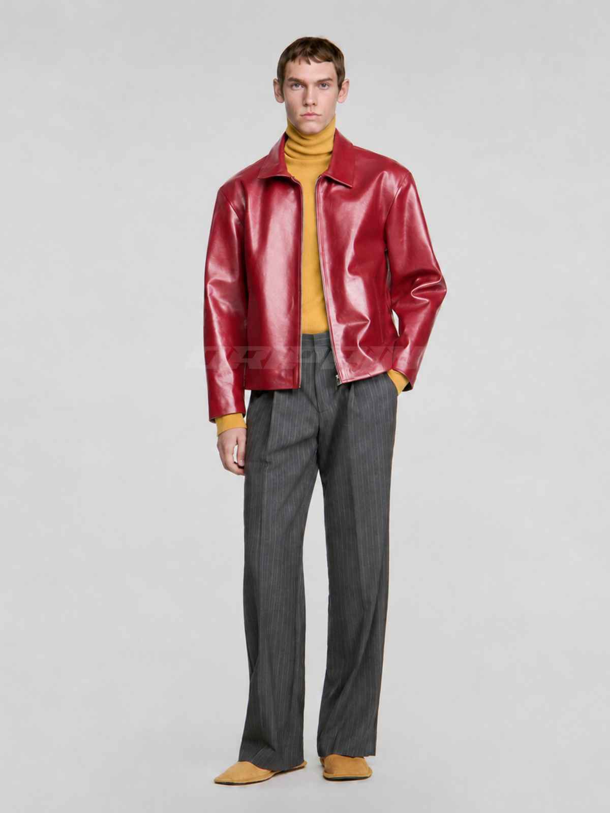 CHERRY RED LEATHER UNISEX COLLARED JACKET