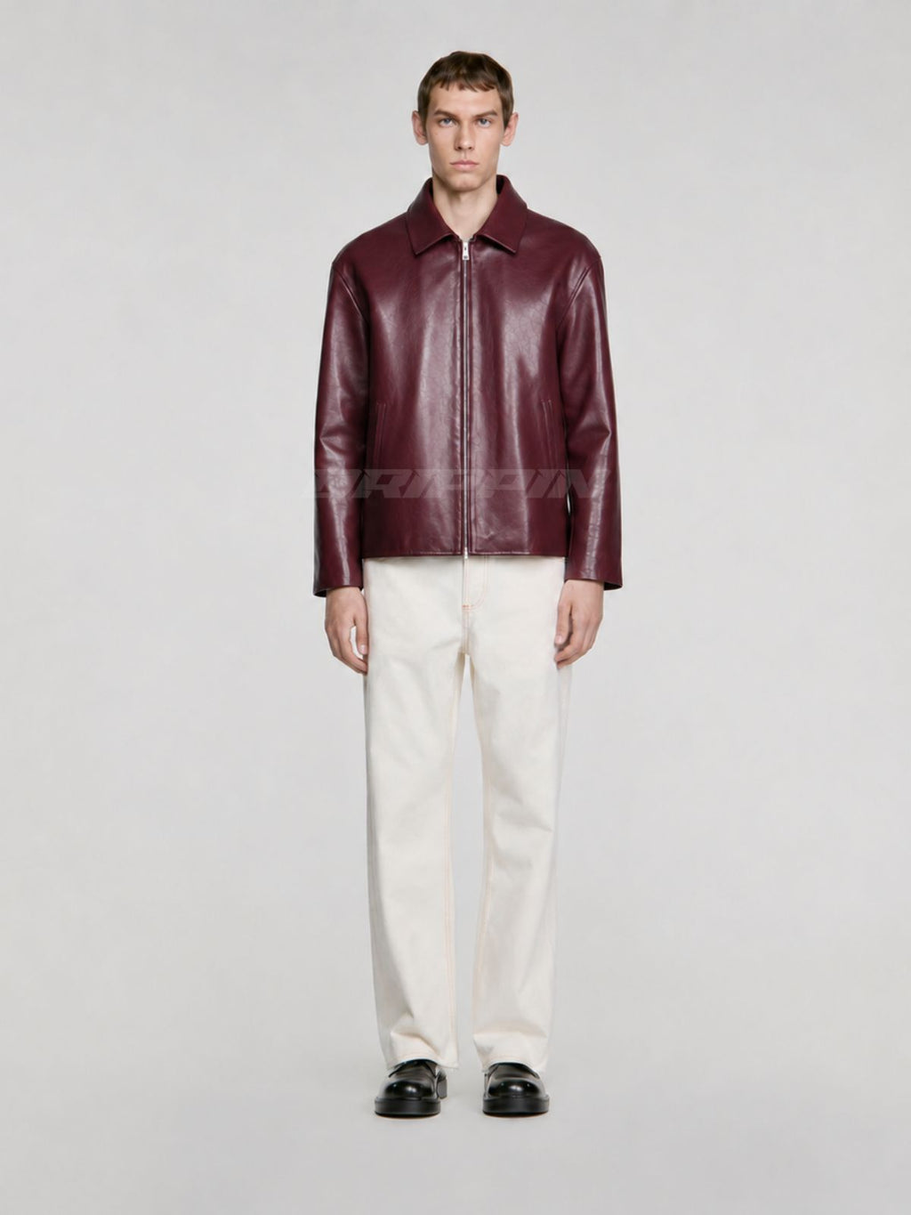 WINE RED LEATHER UNISEX COLLERED JACKET