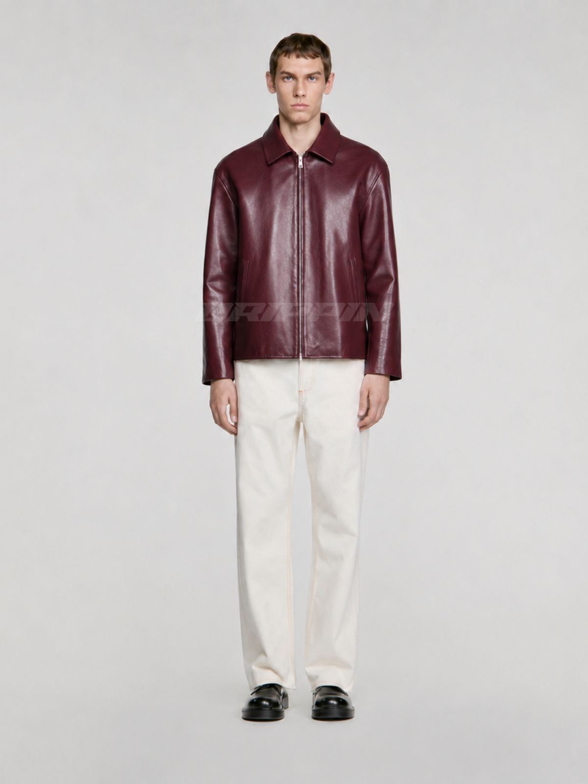 WINE RED LEATHER UNISEX COLLERED JACKET
