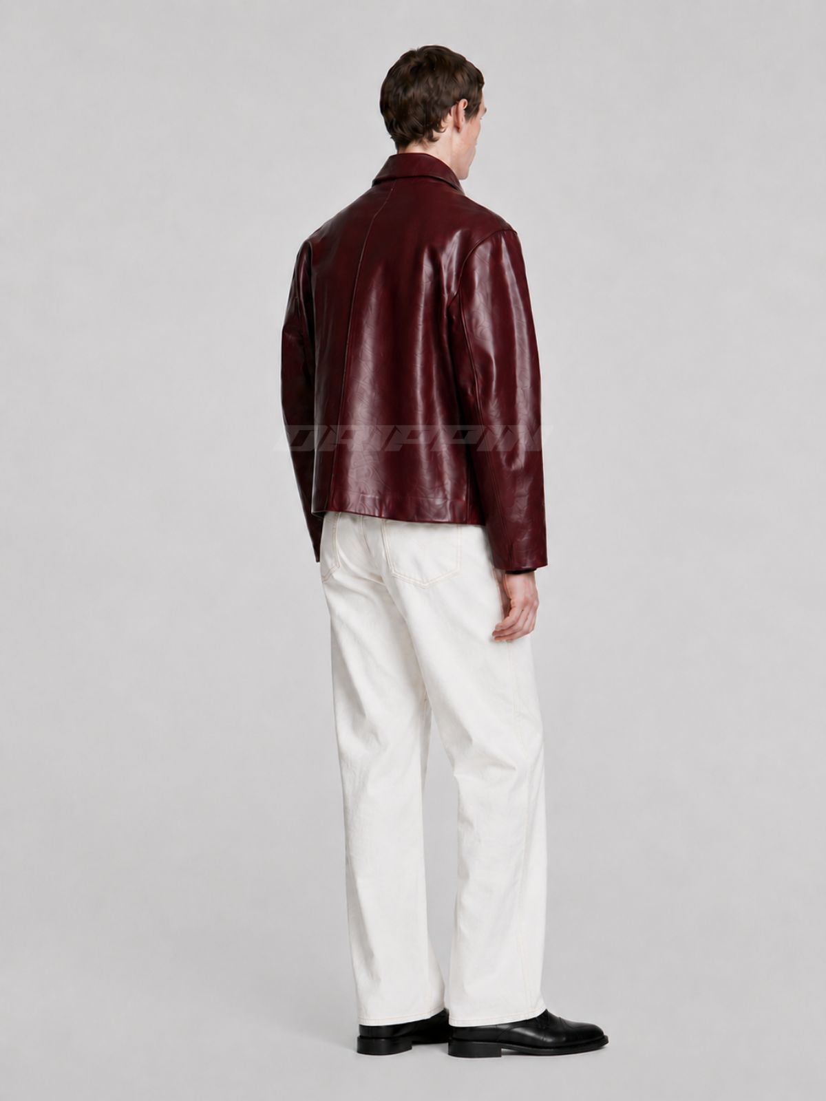 WINE RED LEATHER UNISEX COLLERED JACKET