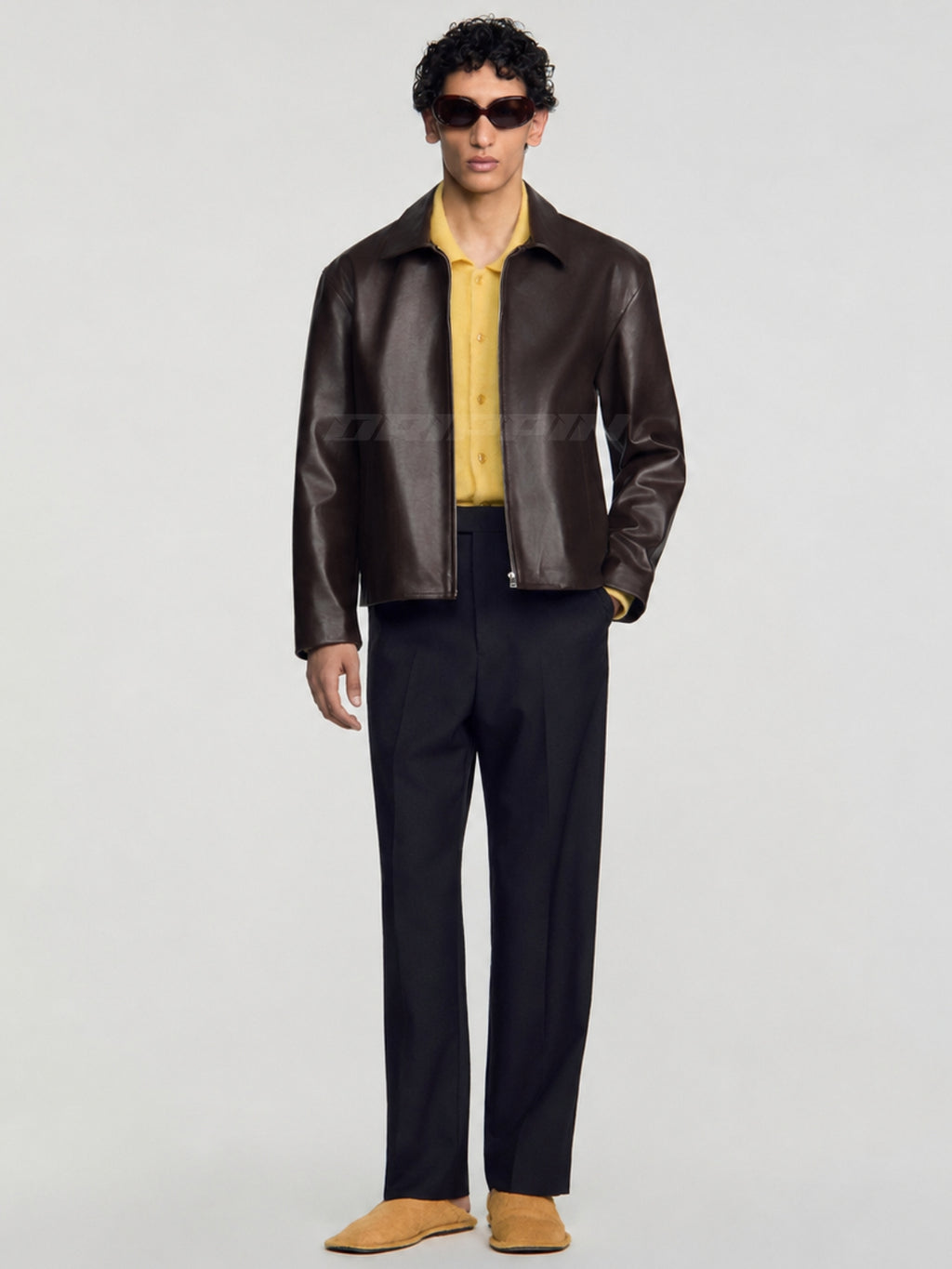 BROWN LEATHER UNISEX COLLARED JACKET
