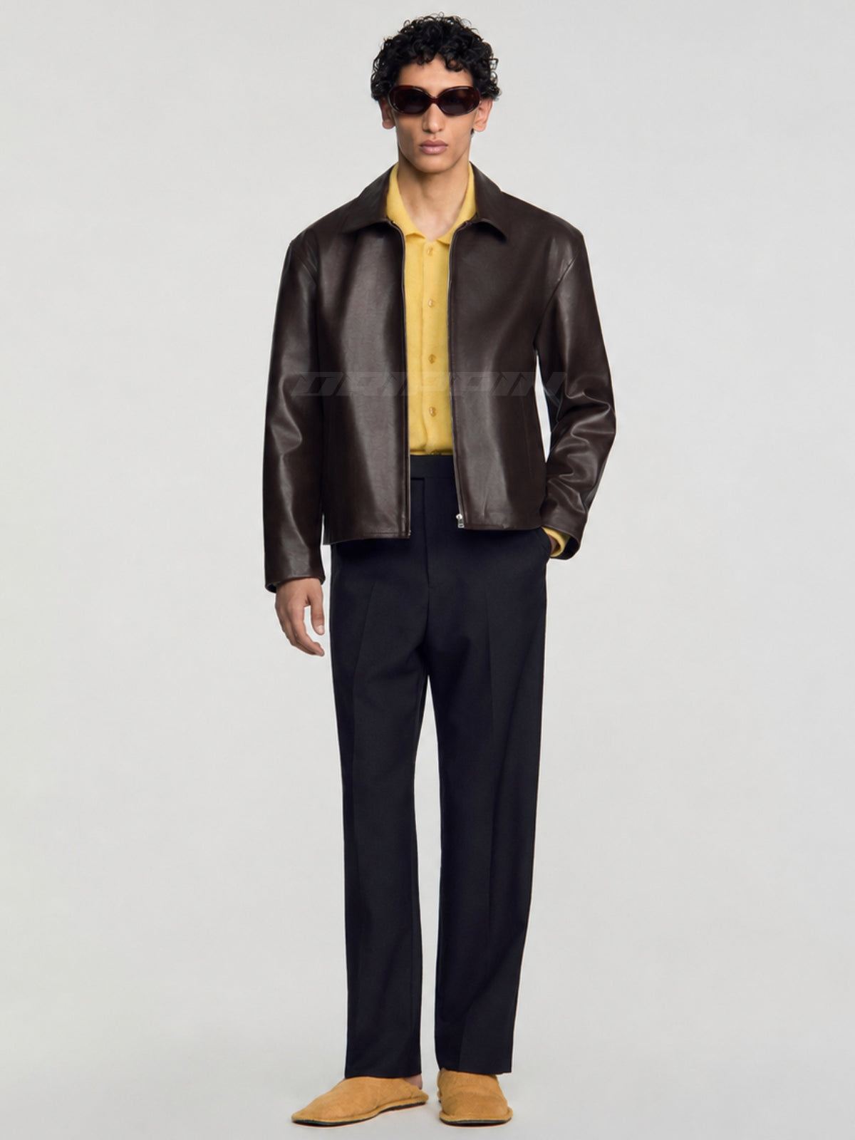 BROWN LEATHER UNISEX COLLARED JACKET
