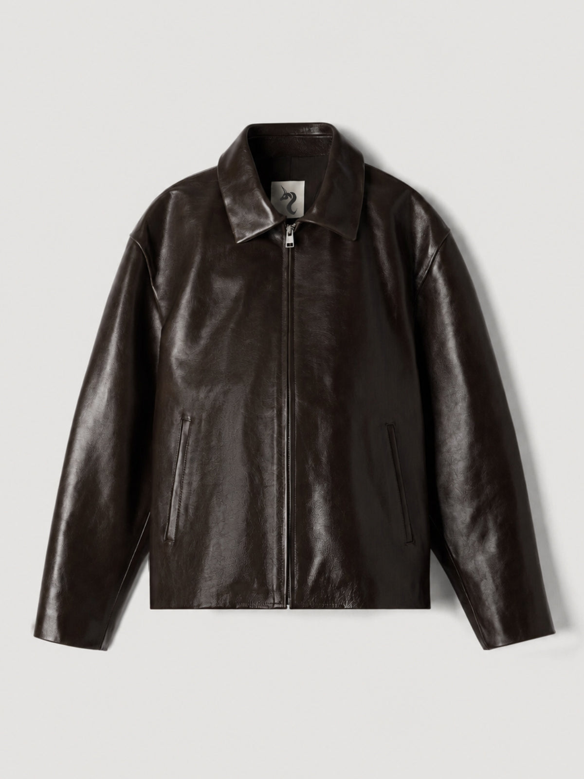 BROWN LEATHER UNISEX COLLARED JACKET