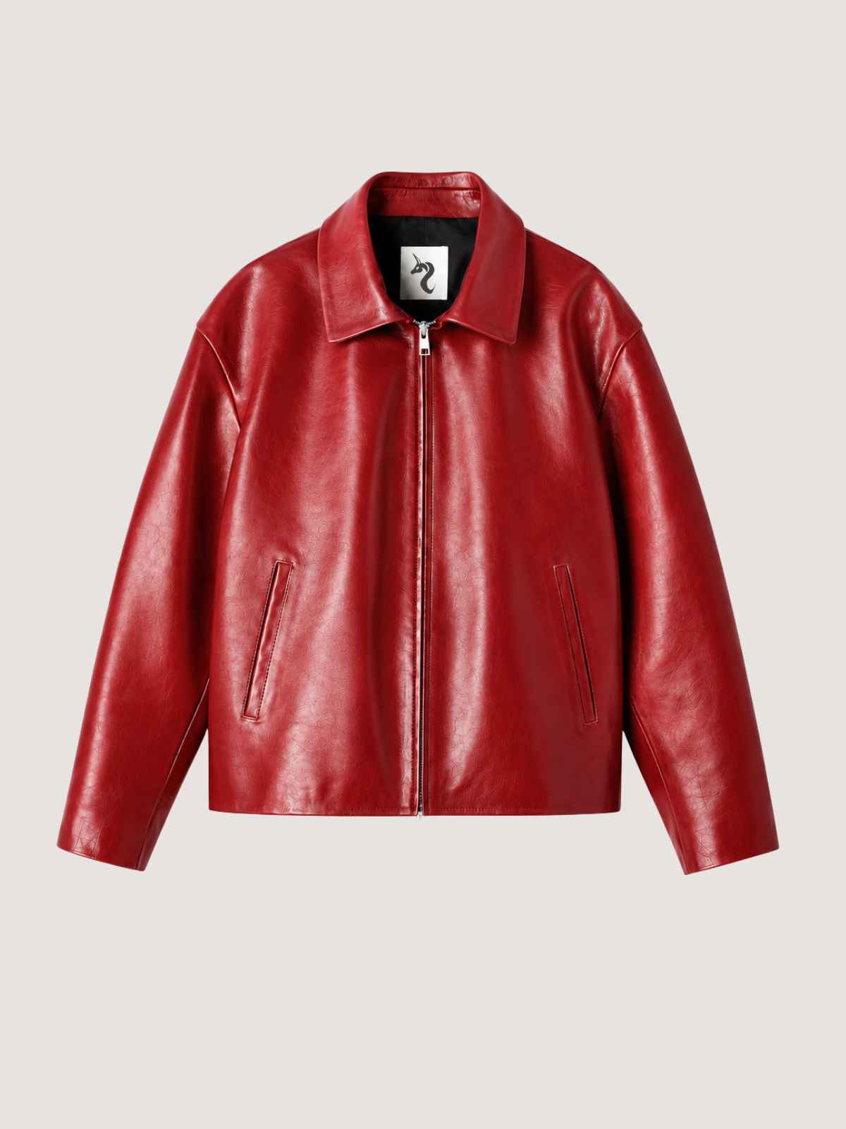CHERRY RED LEATHER UNISEX COLLARED JACKET
