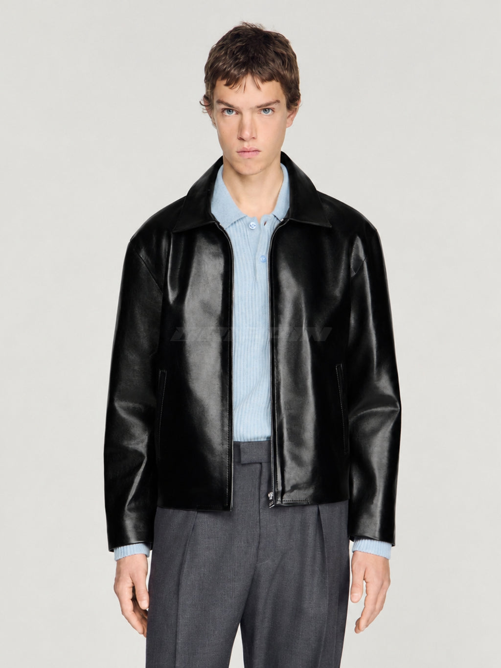 BLACK LEATHER UNISEX COLLARED JACKET