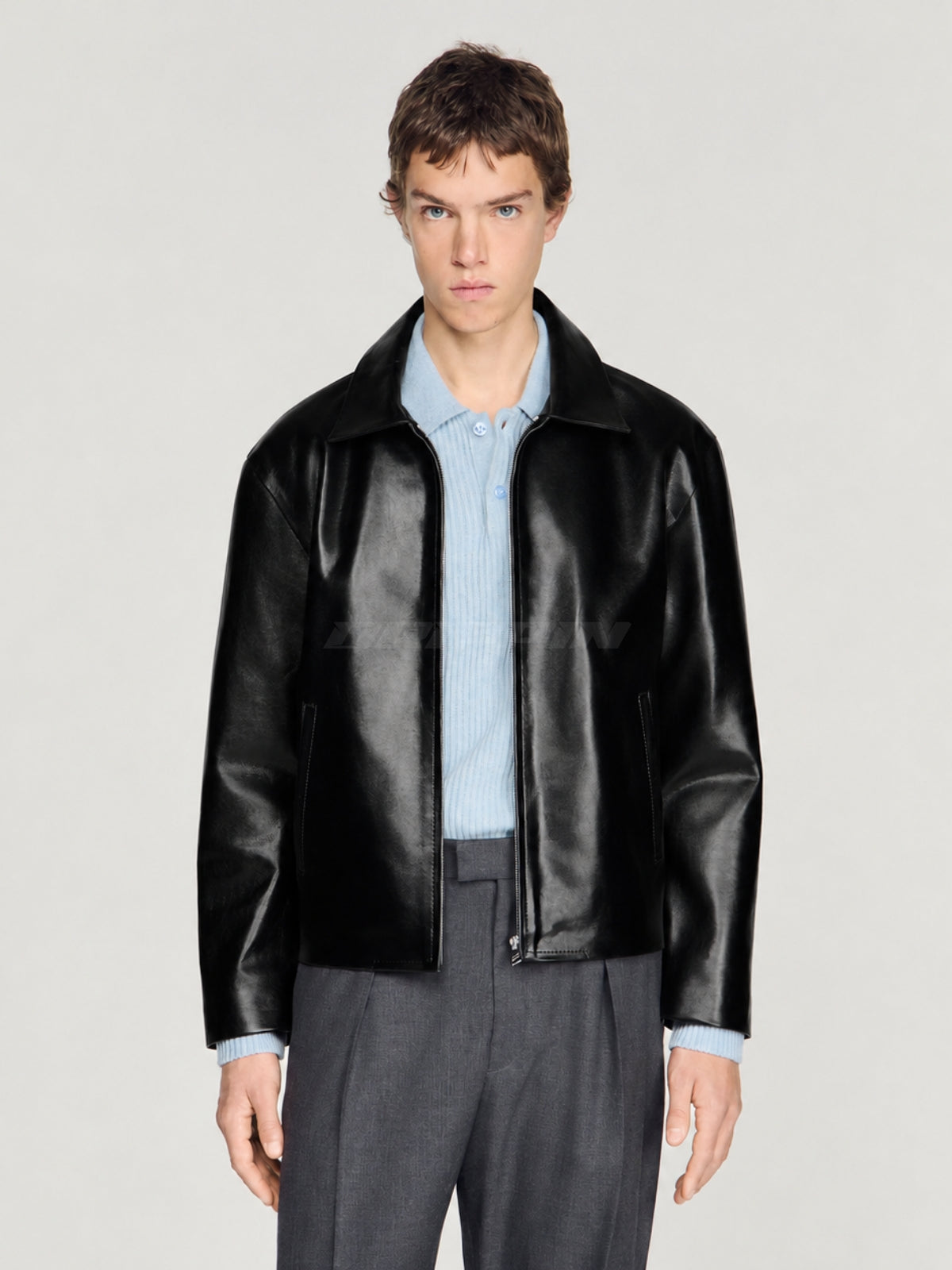 BLACK LEATHER UNISEX COLLARED JACKET