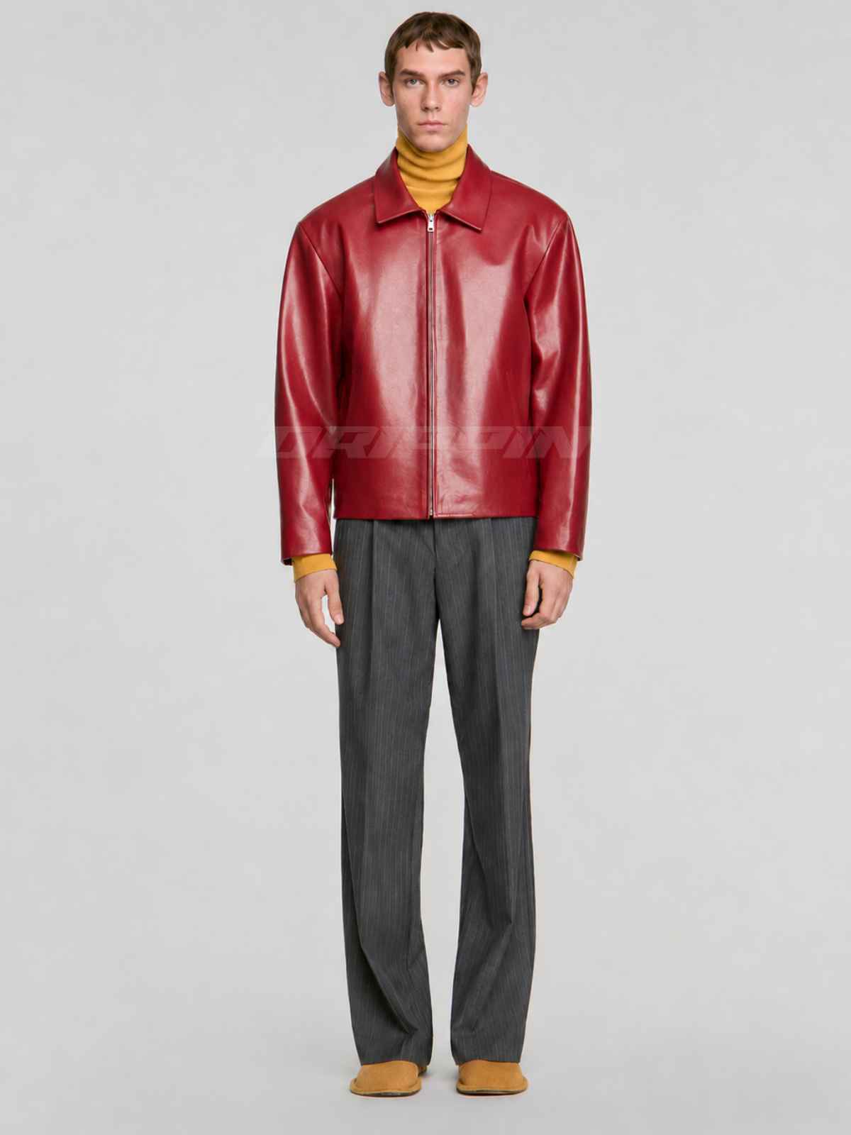 CHERRY RED LEATHER UNISEX COLLARED JACKET