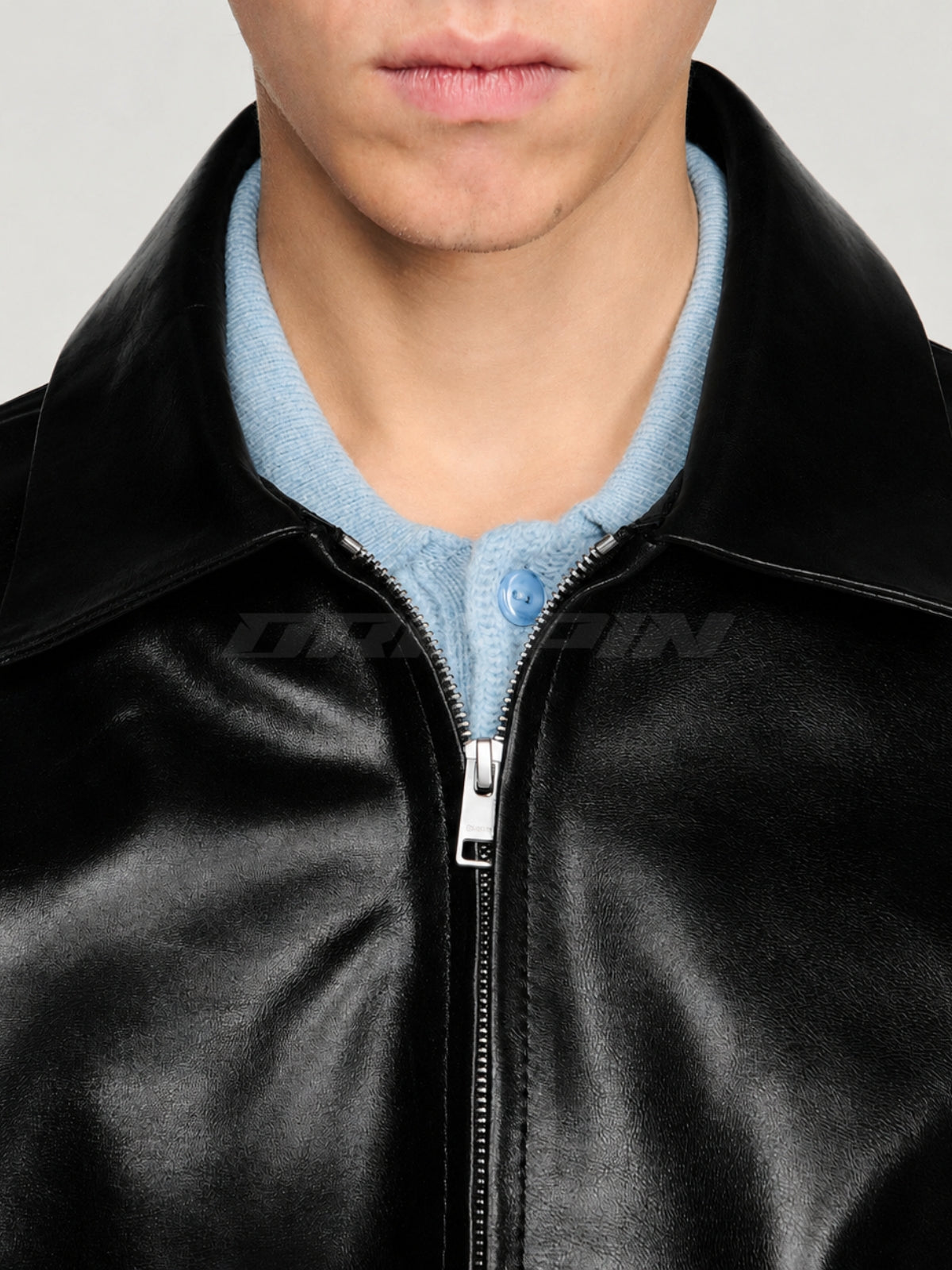 BLACK LEATHER UNISEX COLLARED JACKET