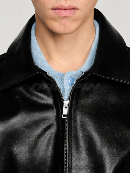 BLACK LEATHER UNISEX COLLARED JACKET