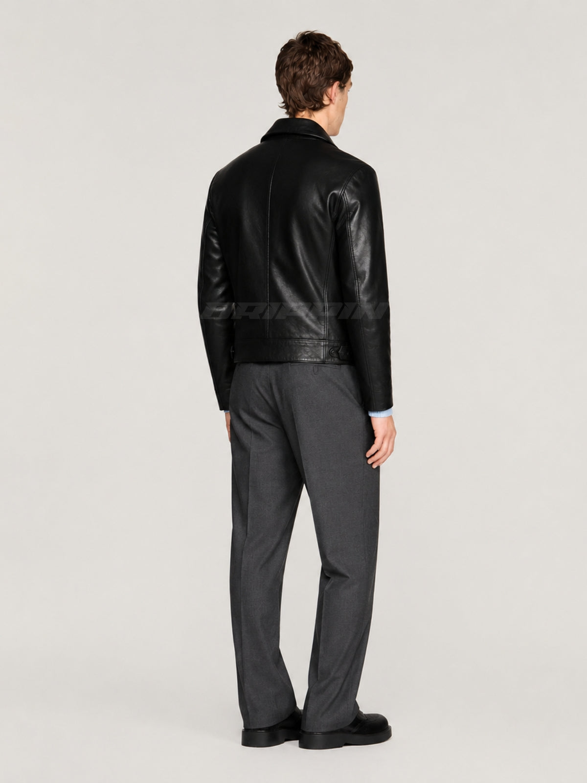 BLACK LEATHER UNISEX COLLARED JACKET