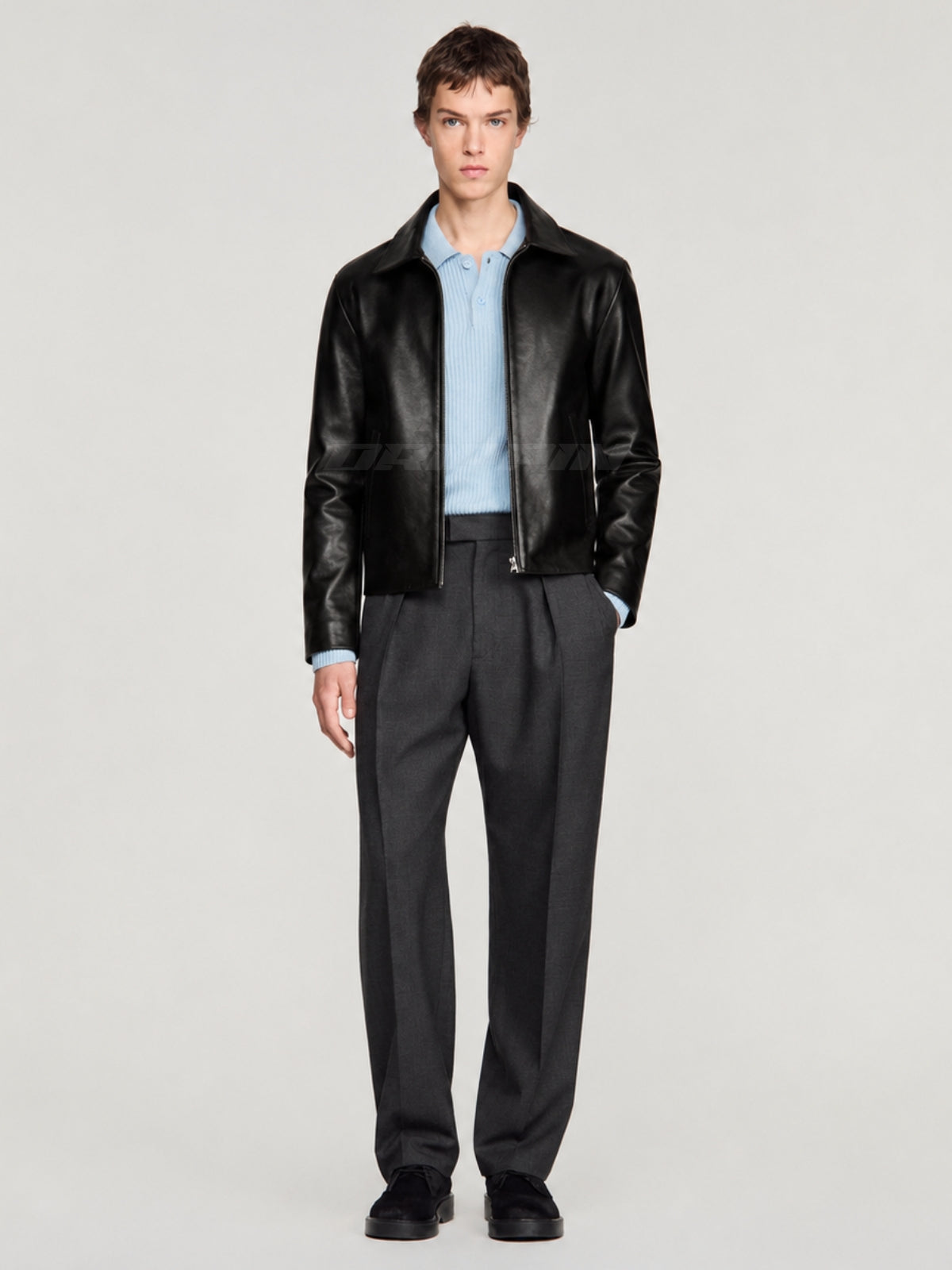BLACK LEATHER UNISEX COLLARED JACKET