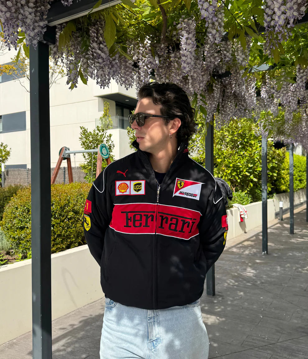 F1 BLACK FERRARI EMBROIDERY RACING JACKET